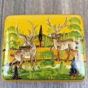 Vintage Hand Painted Kashmir Yellow Lacquered Box Trinket Deer Rabbit Forest